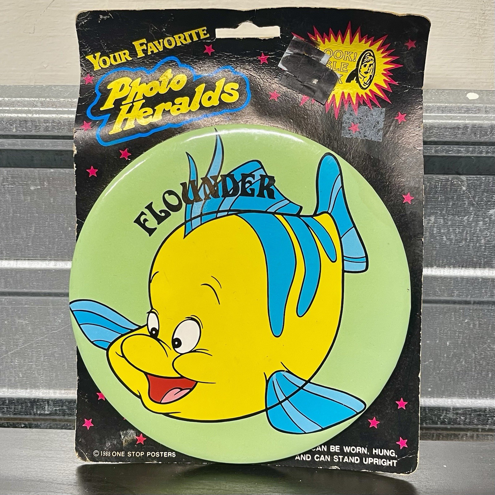 Vintage 1988 Disney Flounder Little Mermaid Photo Herald Pinback Button NOS Pin