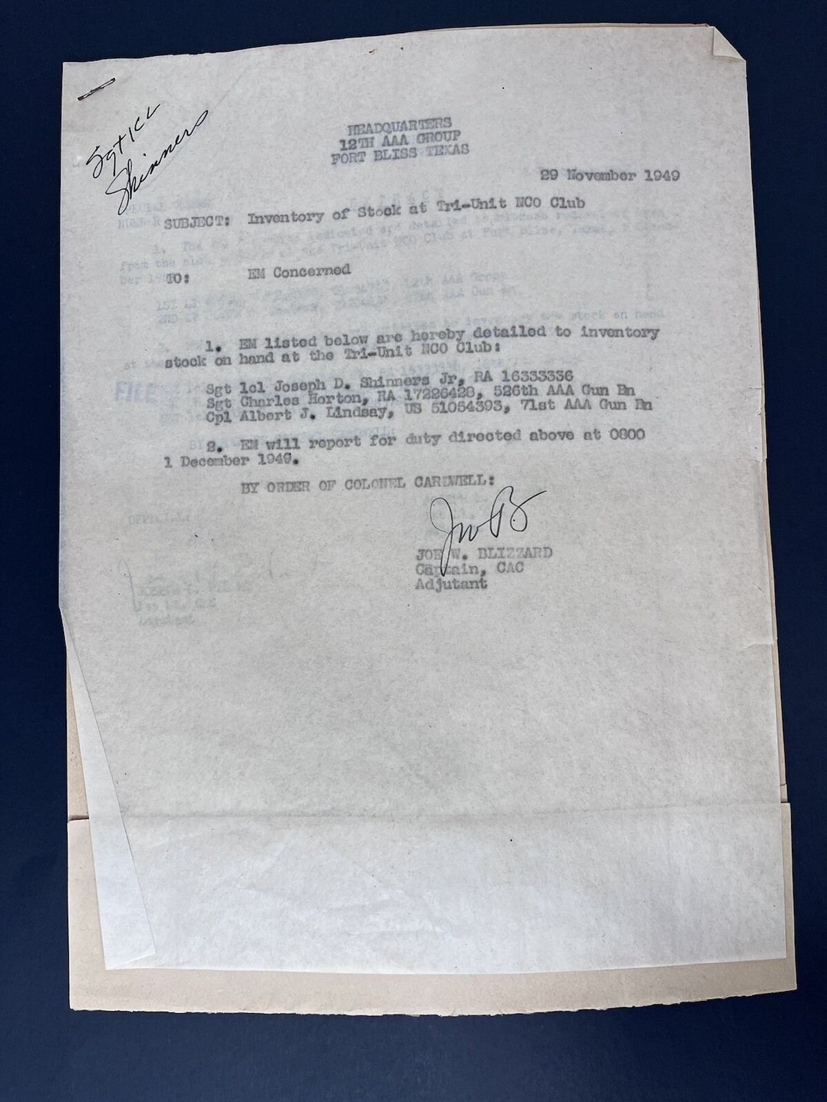 Fort Bliss, Texas NCO Tri Unit December 1st 1949 US Military