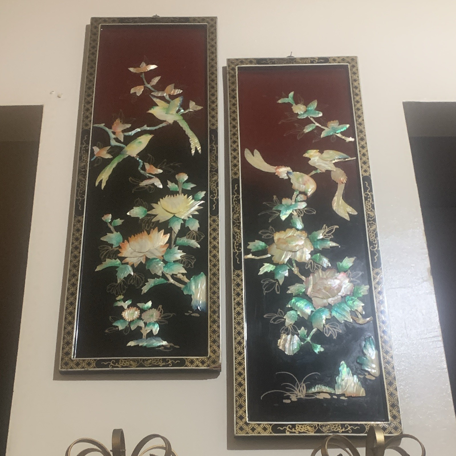 Vintage Chinese Lacquer Wall Panels Pair, Mother-of-Pearl Inlay Birds & 💐 Vintage Chinese Lacquer Wall Panels Pair, Mother-of-Pearl Inlay Birds & 💐