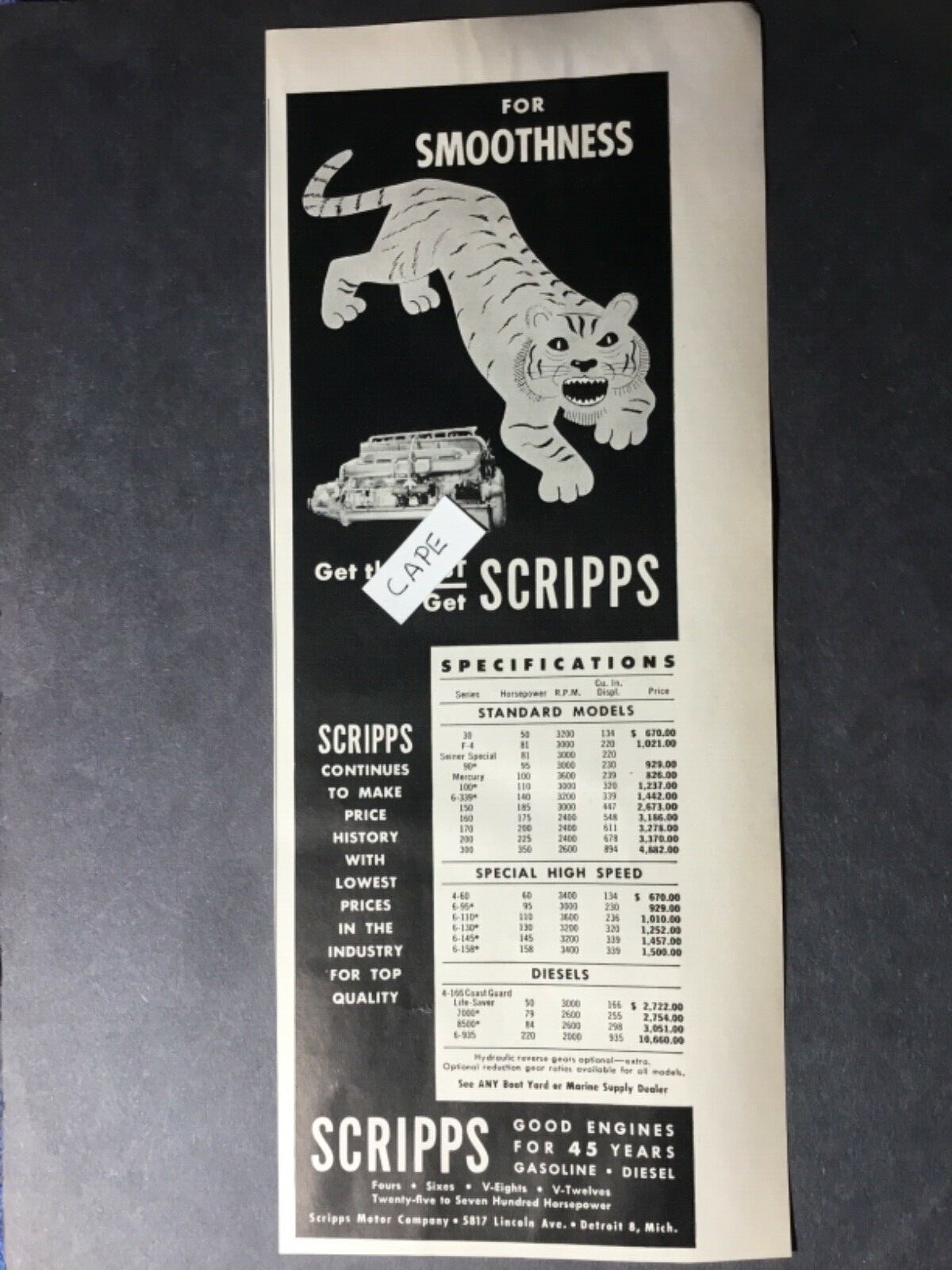 Rare 1952 Ad. Scripps Marine Engines. Scripps Motor Company. Detroit, Michigan
