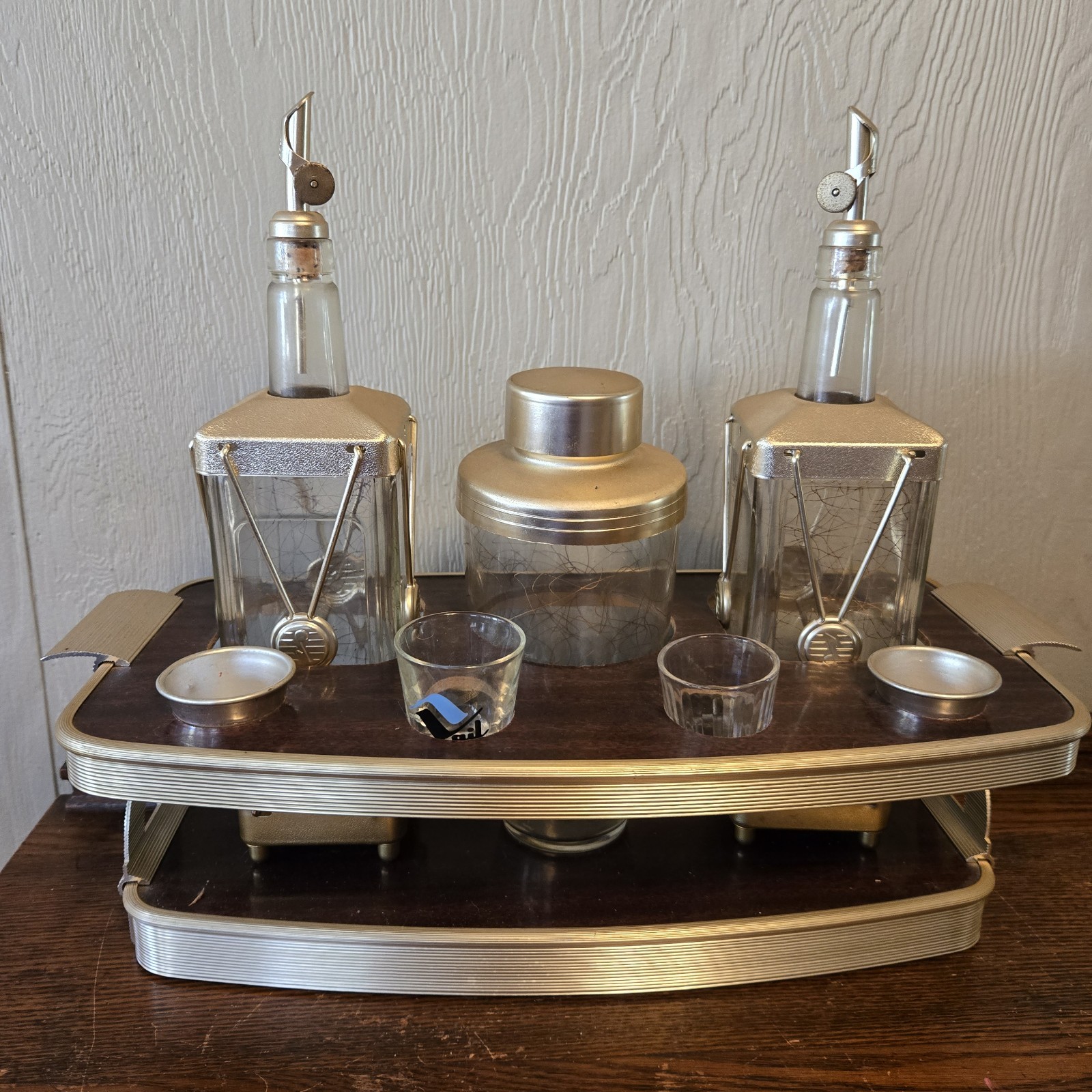 MCM Barware Set Musical Decanters Shaker Shot Glasses in Cart Brushed Goldtone 