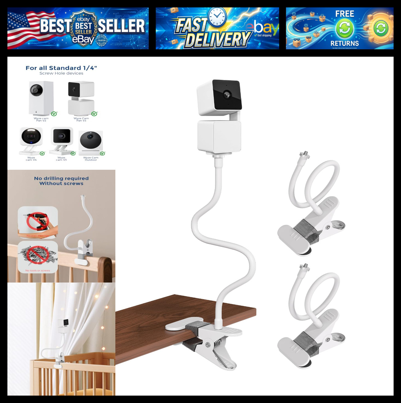 Flexible Clamp Mount for Wyze Cam Pan V3 Indoor/Outdoor Camera - 2 Pack