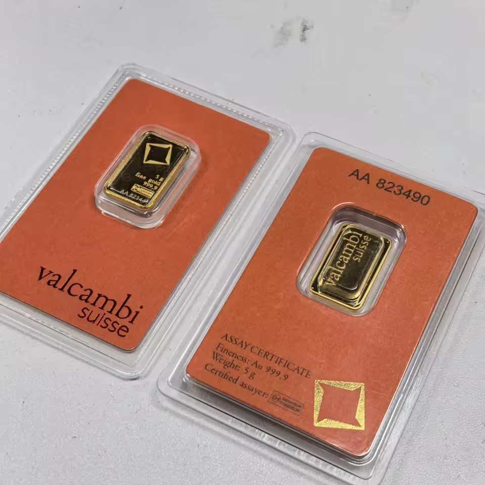 5 Gram Valcambi .9999 Design Gold Plated Copper Bar in Assay Card