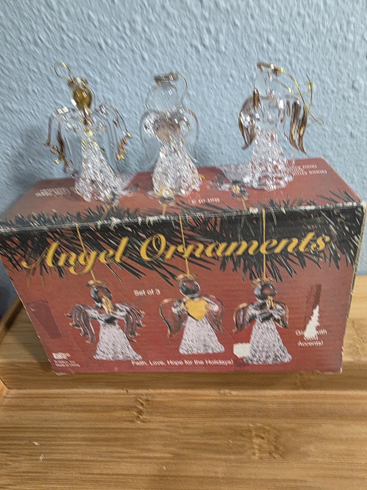 Vintage Giftco Set 3 Spun Glass Gold Angels Hanging Ornaments Faith Love Hope 3