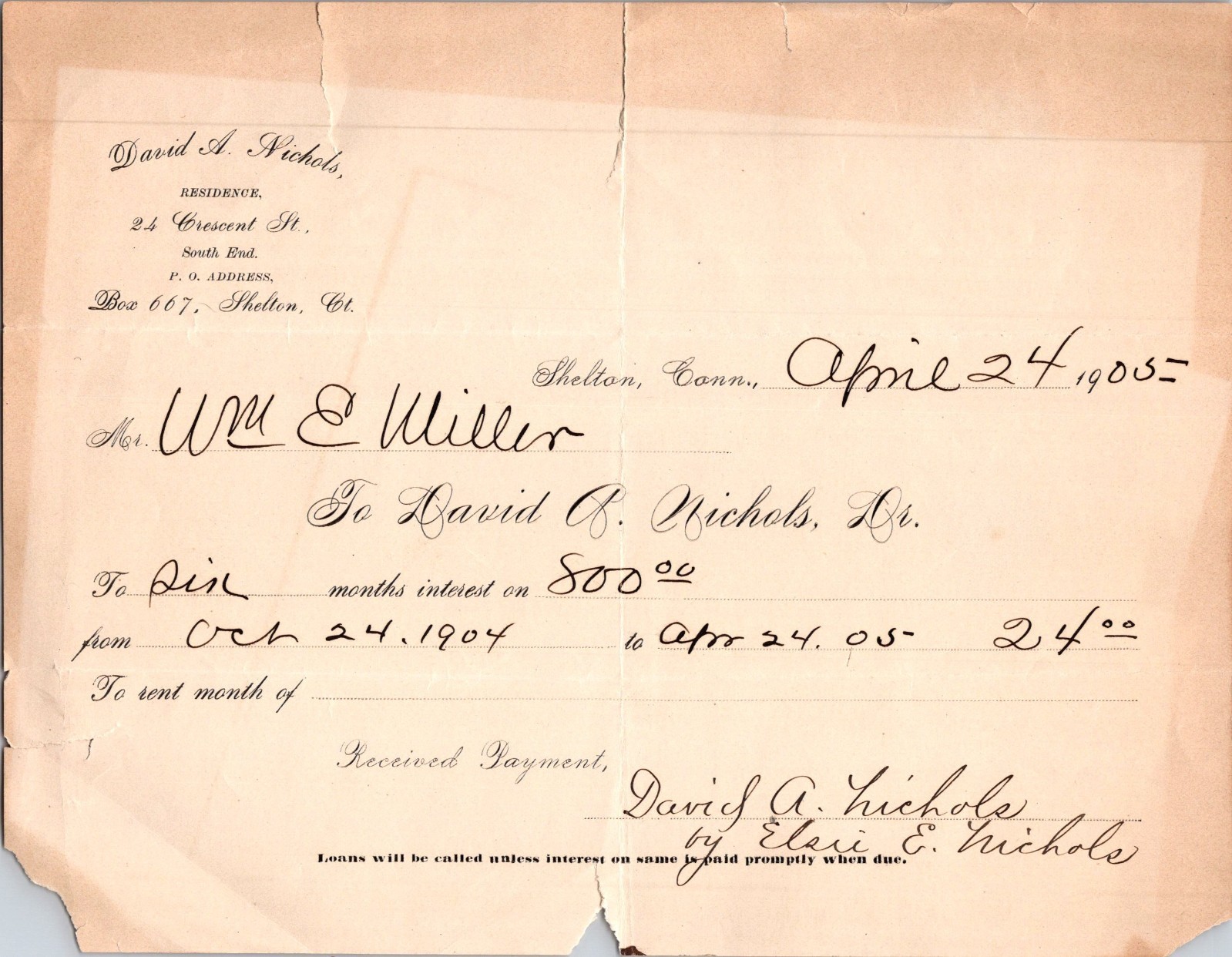 David & Nichols Residence Shelton CT 1905 Antique Letterhead Billhead 5A1 David & Nichols Residence Shelton CT 1905 Antique Letterhead Billhead 5A1