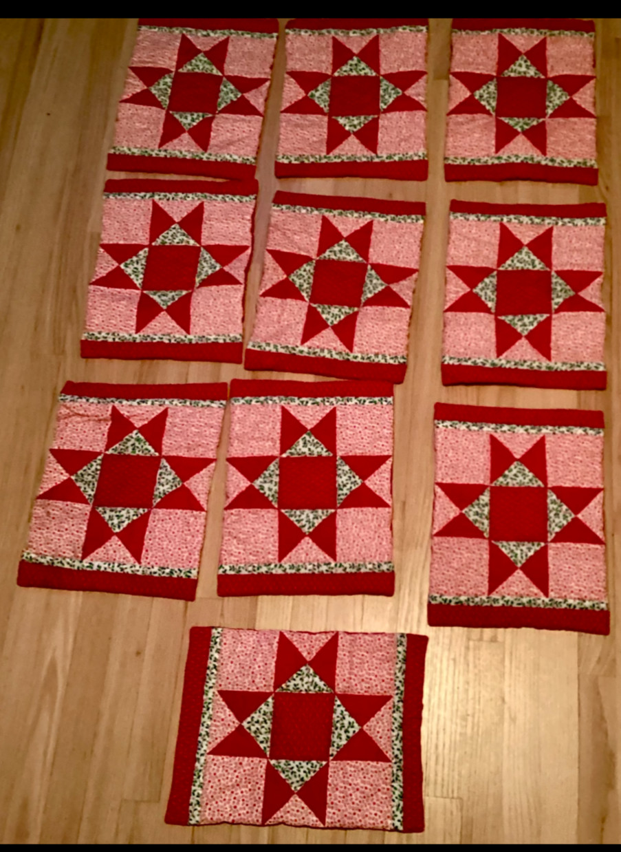 VTG Vintage Handmade Star Quilted Placemats Holiday Red & Cream Floral Set of 10 VTG Vintage Handmade Star Quilted Placemats Holiday Red & Cream Floral Set of 10