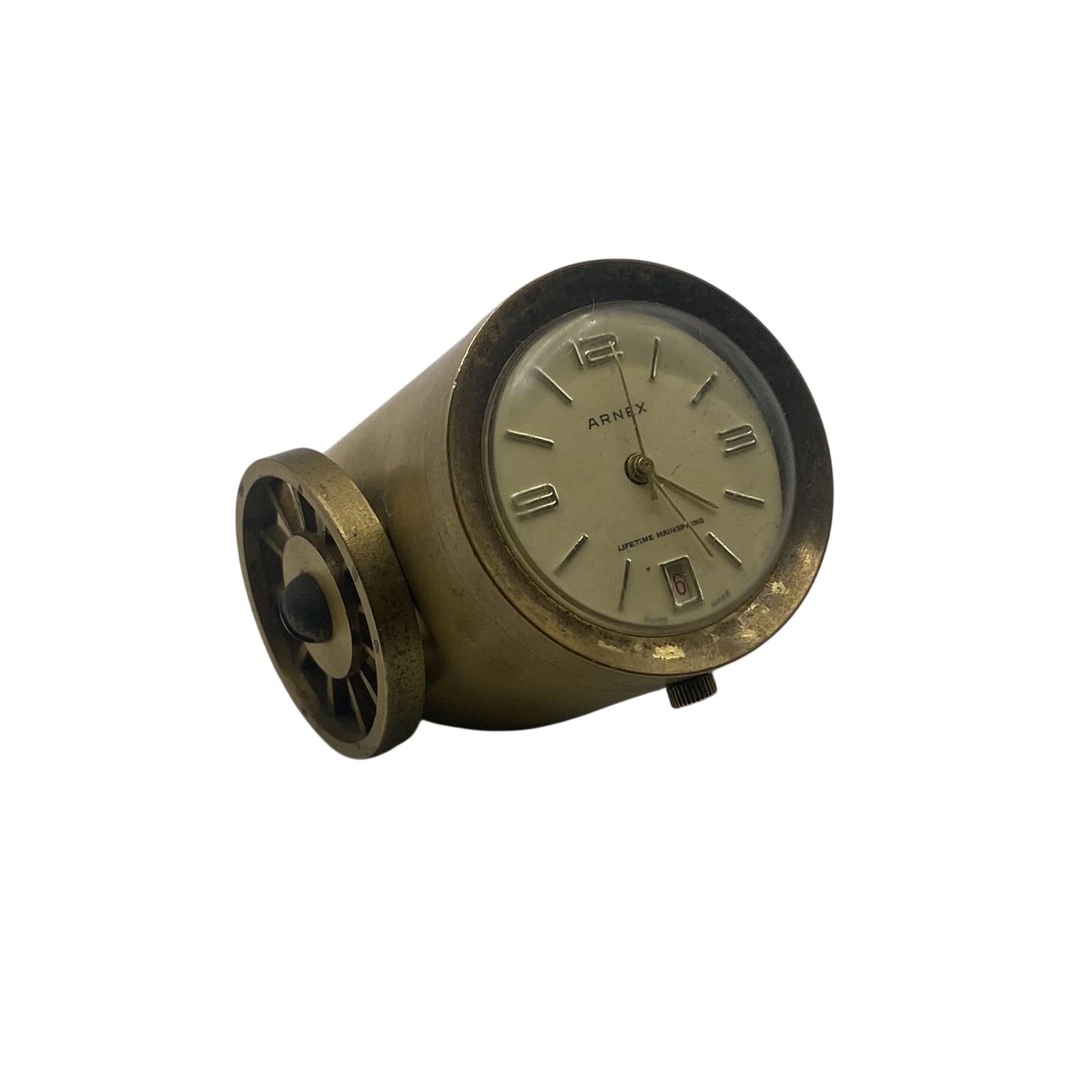 Vintage Arnex Mens Brass Cannon Clock Beige Dial Mechanical Date Swiss