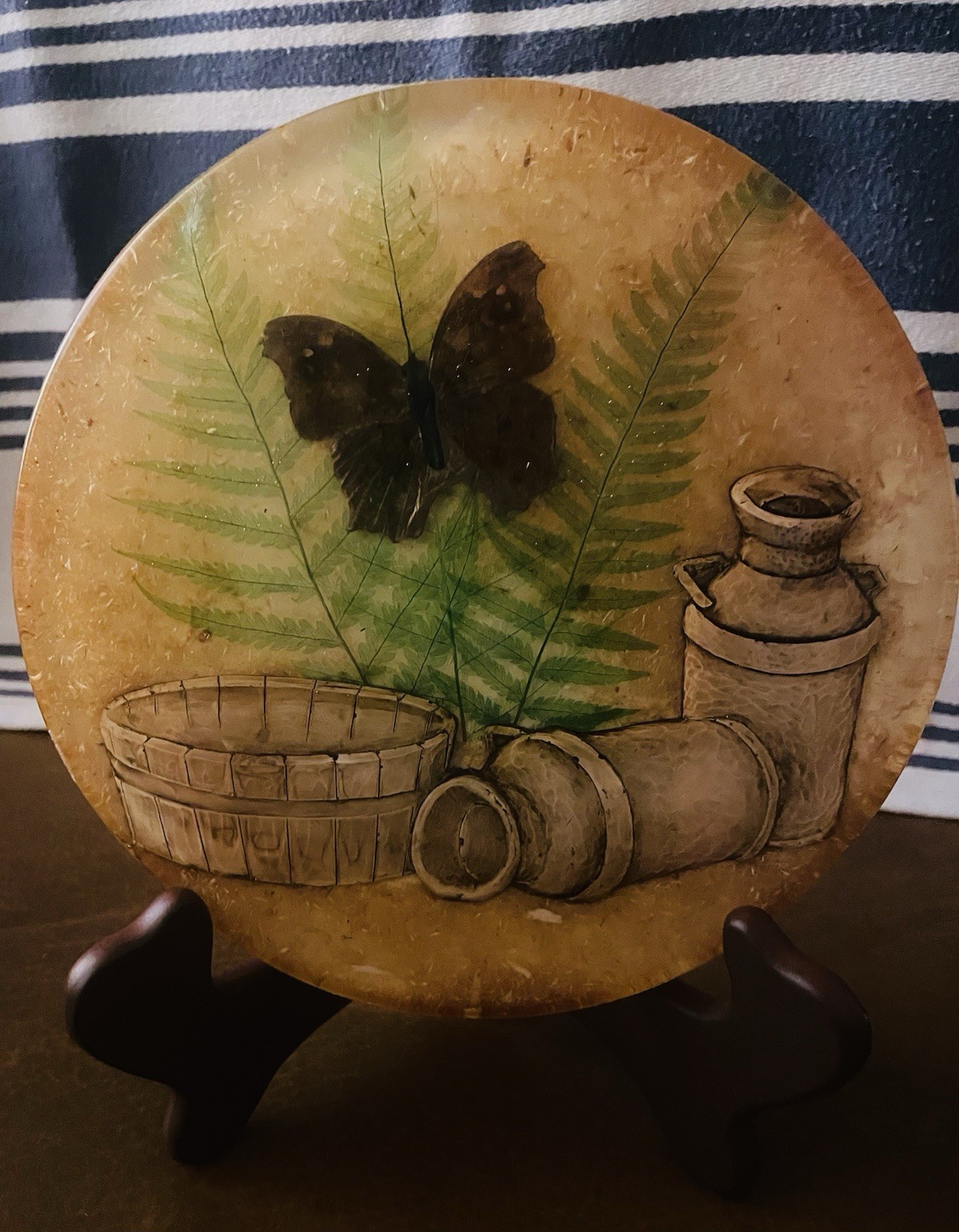Round Resin Trivet Decorative Plate Butterfly & Fern Pattern & Milk Bucket 1970s Round Resin Trivet Decorative Plate Butterfly & Fern Pattern & Milk Bucket 1970s