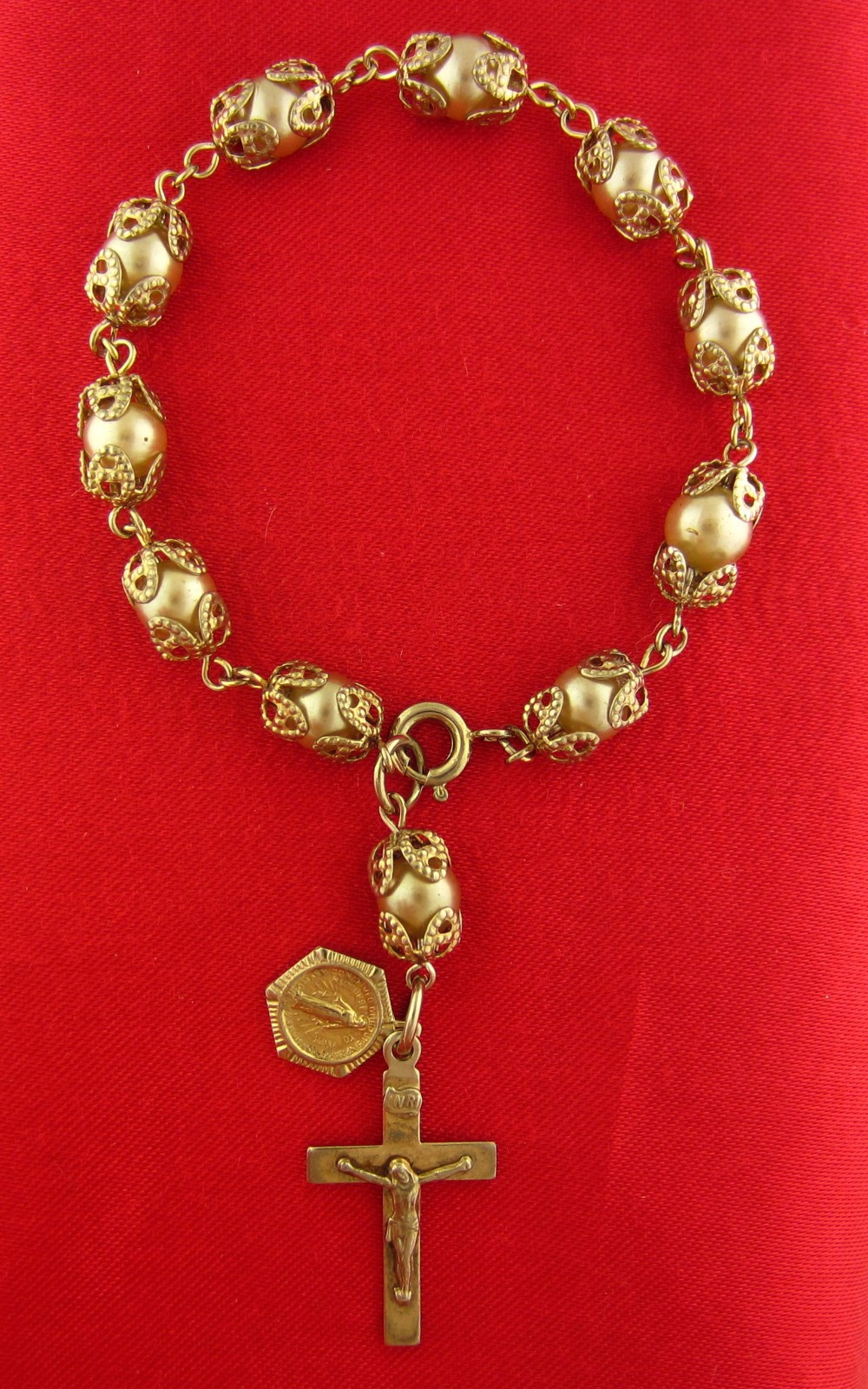 Vintage STERLING & IMITATION PEARL ROSARY BRACELET Catholic CHAPLET BRACELET