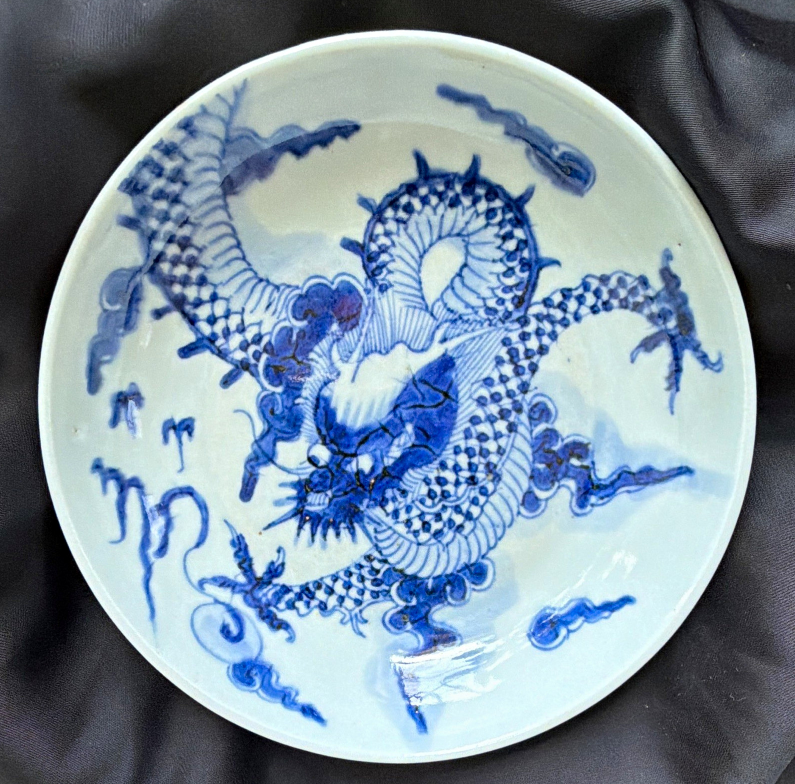 Antique Late Qing Dynasty/Early Republic Period Blue and White Dragon Bowl