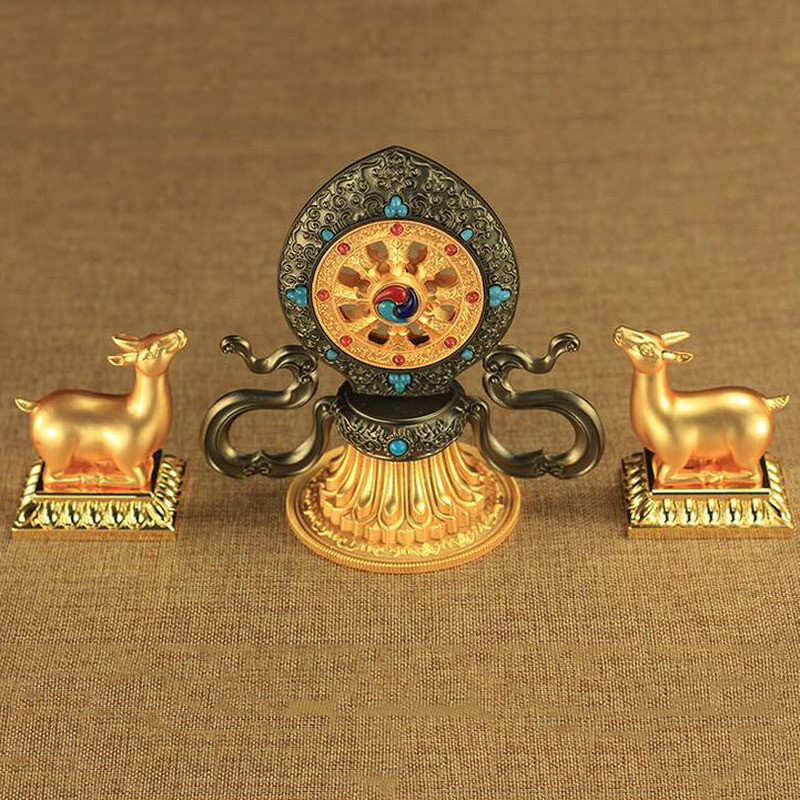 16cm Tibetan Buddhism Supplies Blessed Turning Wheel Deer Statue Altar Decor
