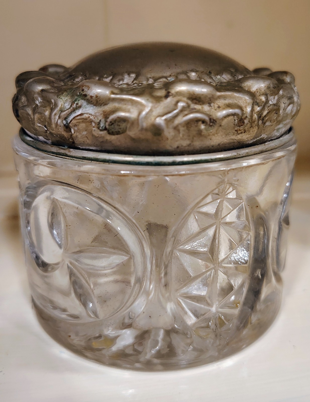 Antique 1880-1890 Ornate Cut Glass Jar With Silver Lid Antique 1880-1890 Ornate Cut Glass Jar With Silver Lid