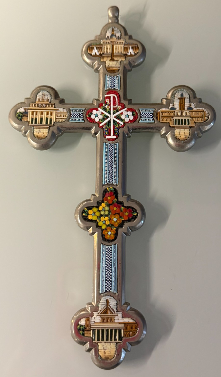 LARGE SIZED ANTIQUE MICRO-MOSAIC CROSS W/ BASILICAS FROM ROME 7 3/4\ LARGE SIZED ANTIQUE MICRO-MOSAIC CROSS W/ BASILICAS FROM ROME 7 3/4\