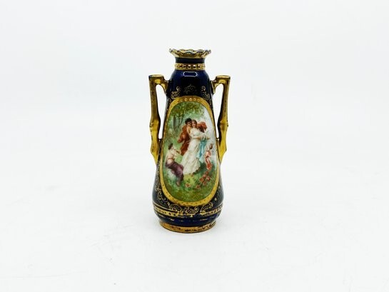 ANTIQUE HAND PAINTED SMALL VASE WITH GOLD HANDLES - WEIN, AUSTRIA - 4.5\