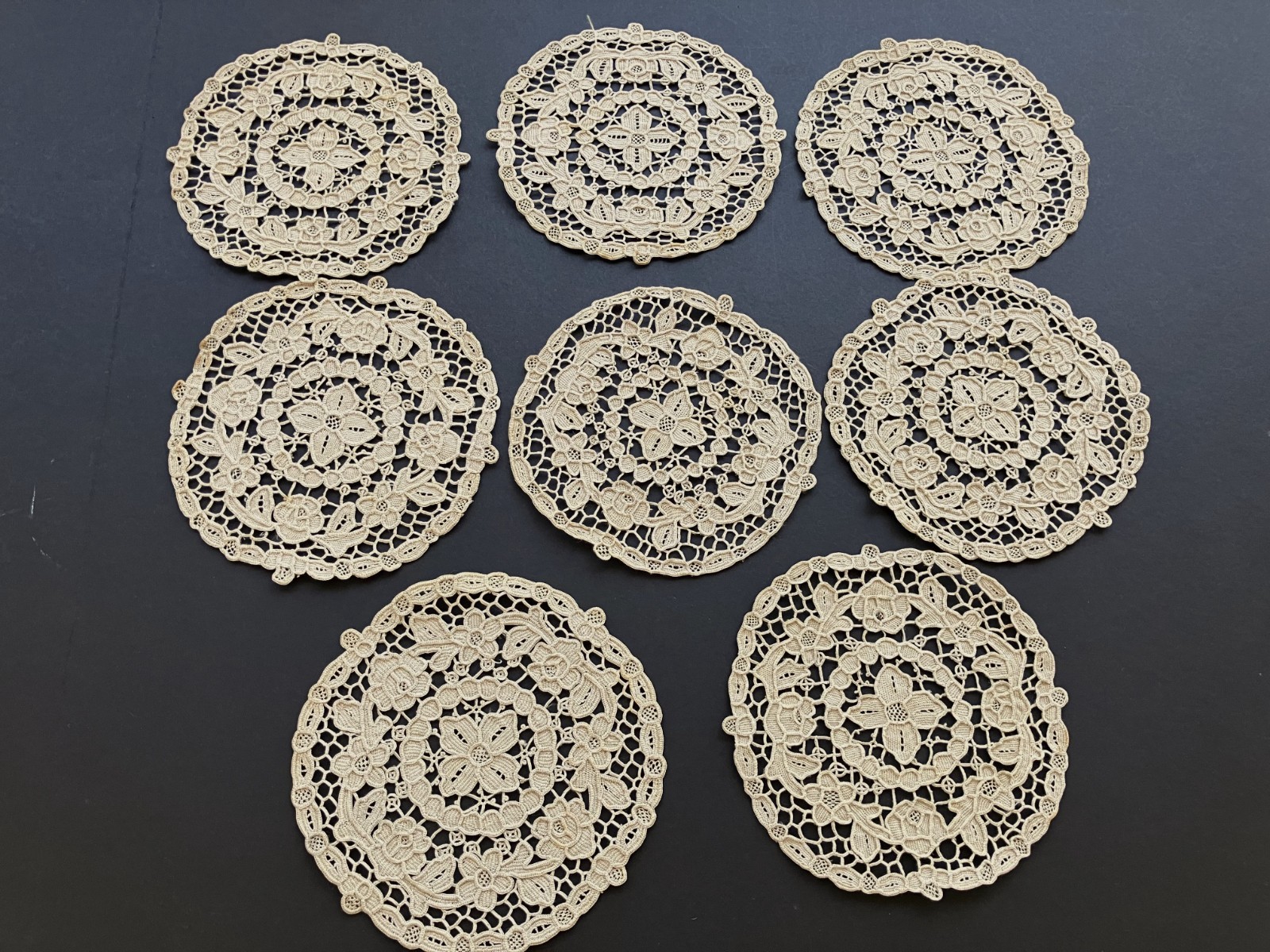 Eight Antique Handmade Needle Lace Point De Venise Cocktail Coasters Beige