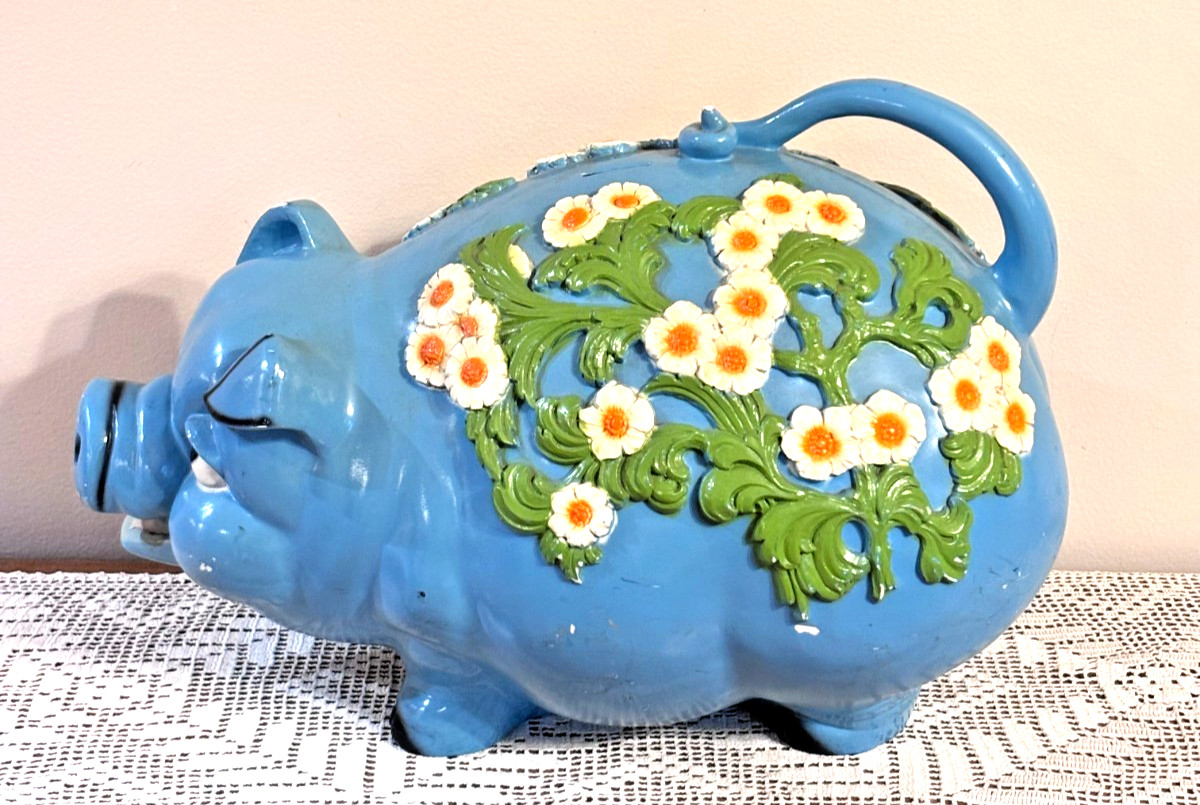 Vtg 1976 Universal Statuary Giant Blue Piggy Bank with White Flowers 18\