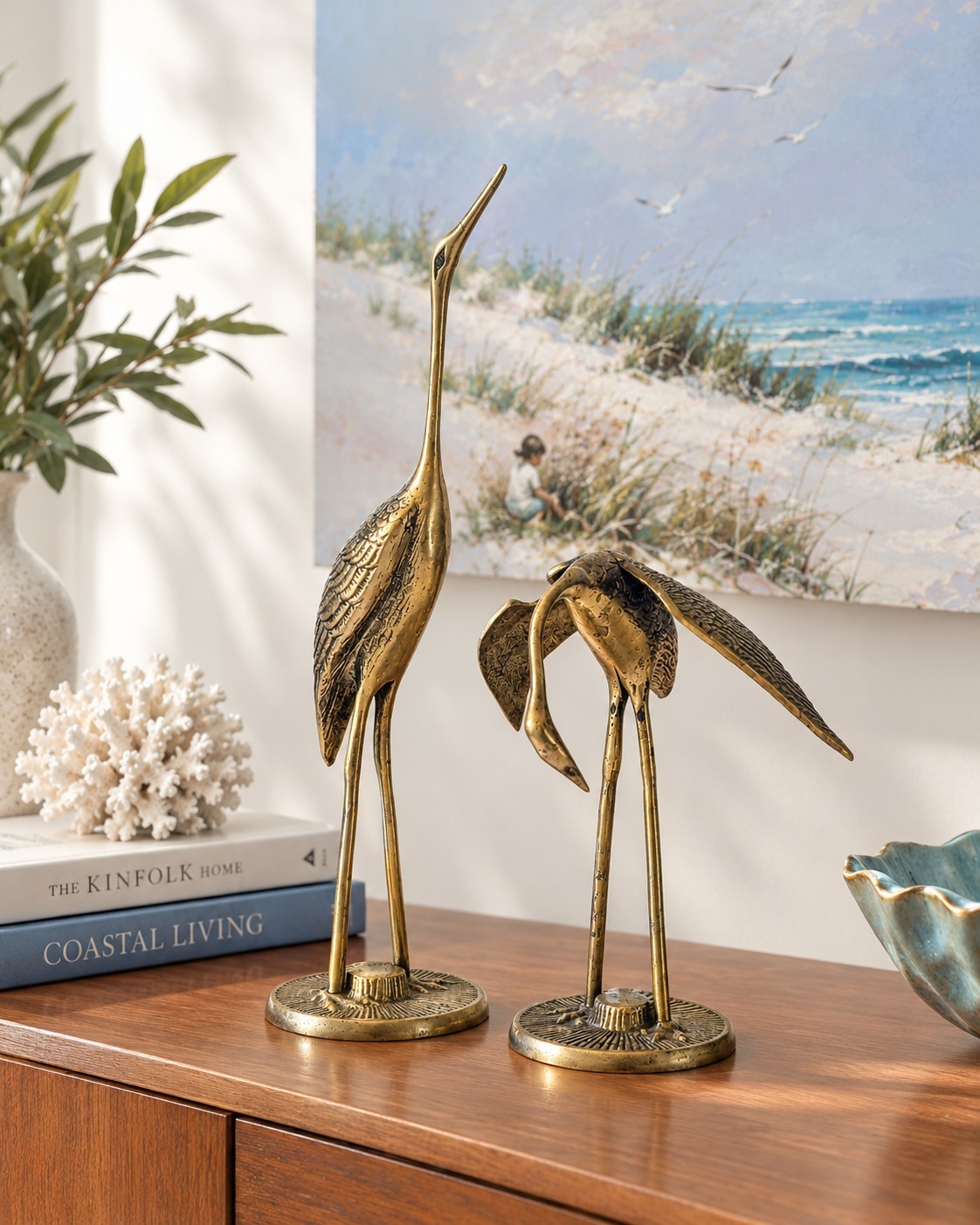 VINTAGE MCM SOLID BRASS CRANE FIGURINES  (2) COASTAL/TROPICAL DECOR
