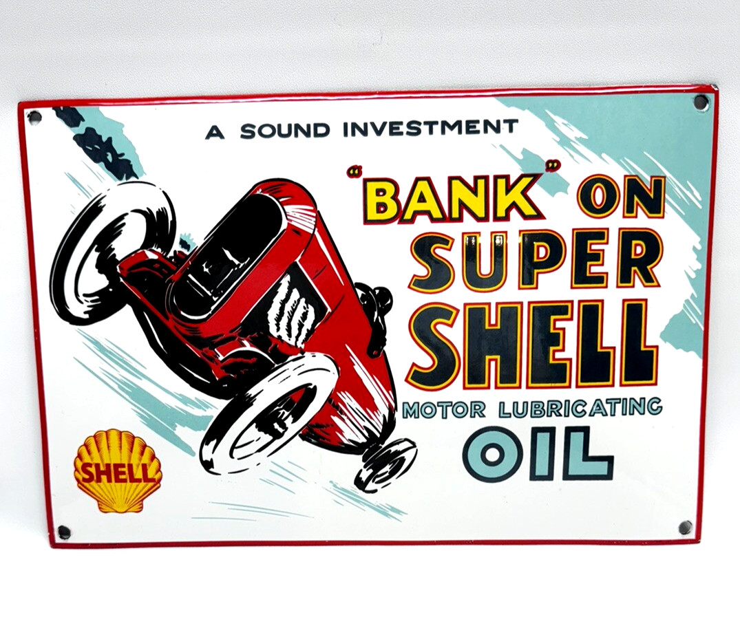 Vintage -Super Shell Motor Oil - Porcelain Sign -Service Station Gasoline Racing