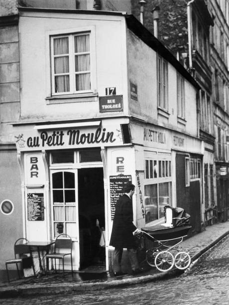 Bar And A Street Scene In Montmartre In Paris On Sixties Old Photo