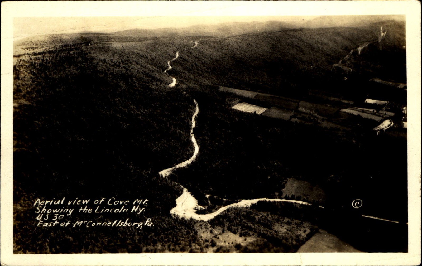 RPPC~Cove Mountain aerial view~Lincoln Highway US 30~East of McConnellsburg PA RPPC~Cove Mountain aerial view~Lincoln Highway US 30~East of McConnellsburg PA