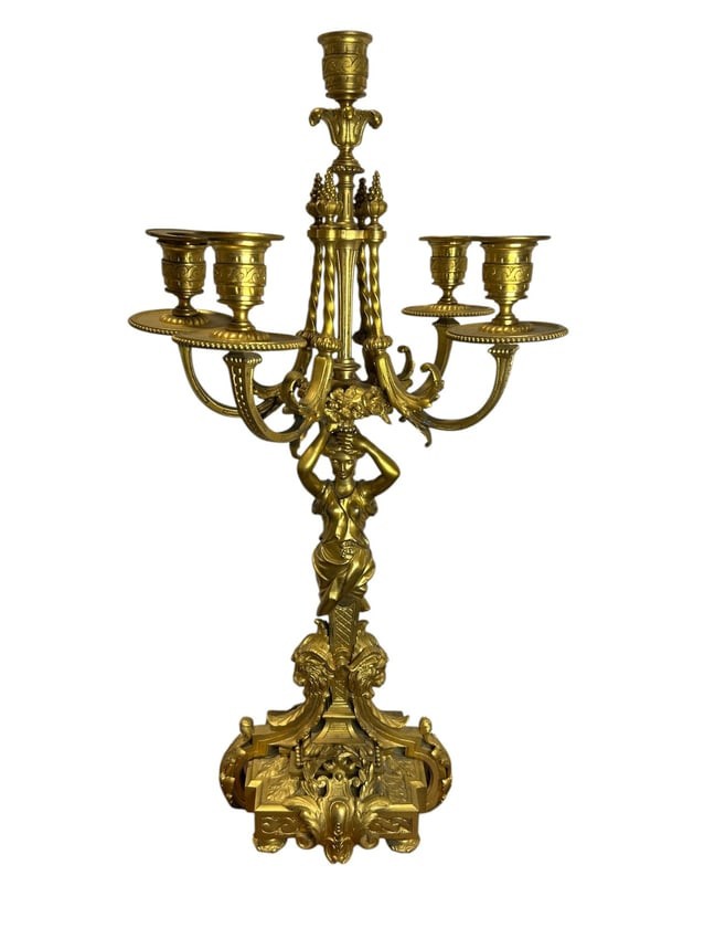 Antique French Napoleon III Gilt Bronze Figural 5-Light Empire Candelabra