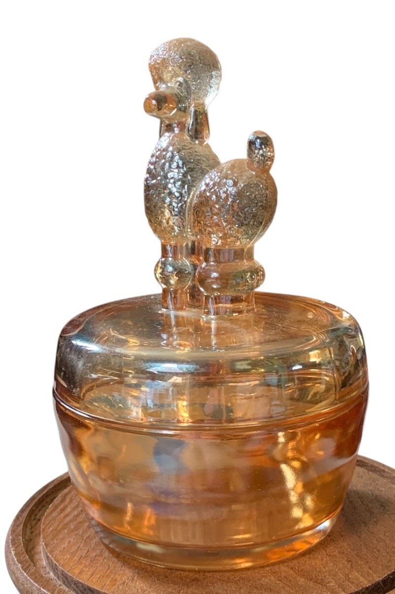 Antique Poodle Powder Jar Jeanette Marigold Carnival Glass Dresser Box 1930-50’s