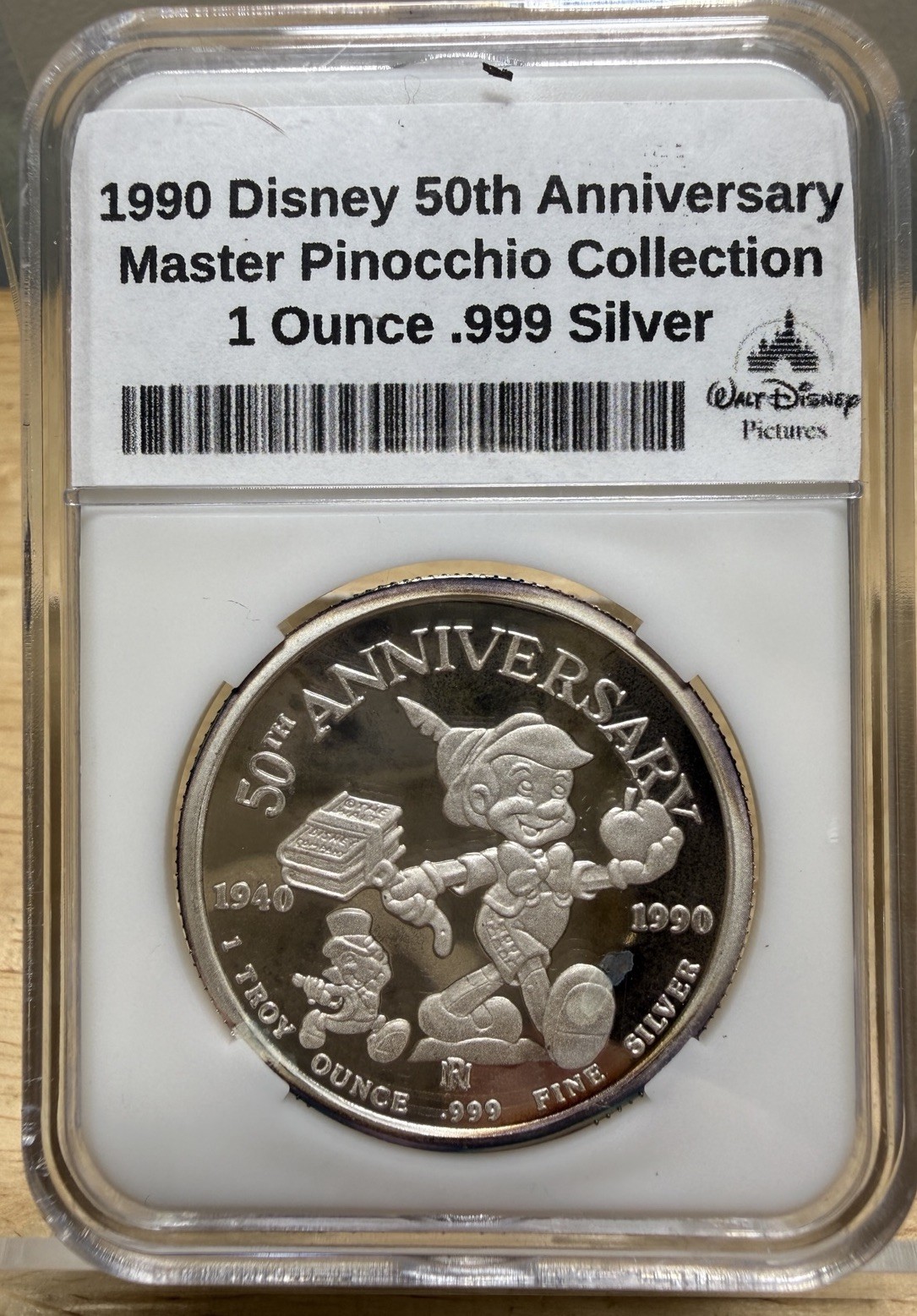 1990 Disney 50th Anniversary Master Pinocchio.  1 Troy .999 Silver