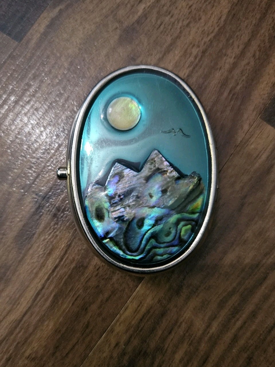Vintage Alpaca Silver Hinged Oval Pill Box Mountain Scene 