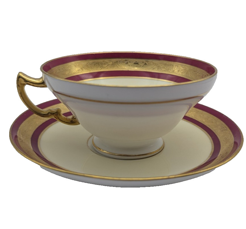 MINTON PORCELAIN BONE CHINA Red Maroon Gold Rim TEA CUP & SAUCER ENGLAND