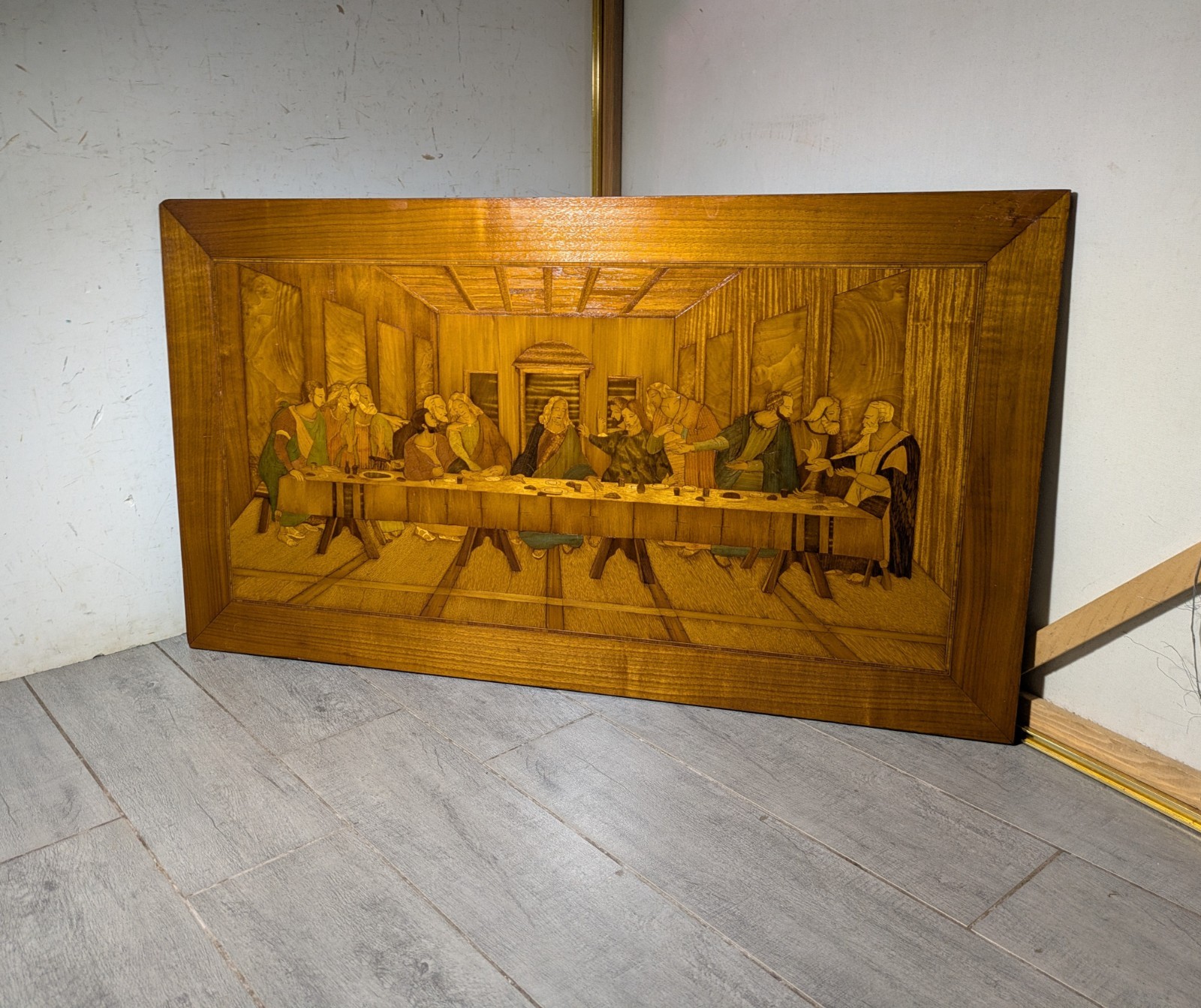 Vintage Large Italian Style Wood Marquetry Inlay The Last Supper Wall Art Panel