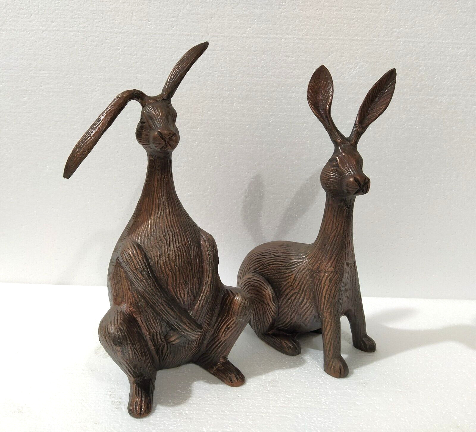 Large Rabbit Pair Metal Bunnies Pair Hare Figurine Copper Antique Statue 29 cm