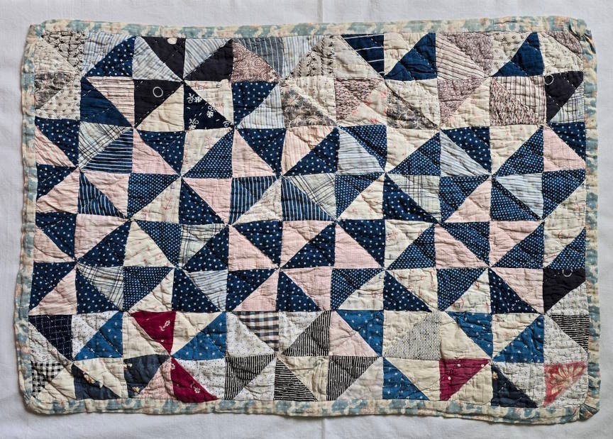 Antique doll or crib quilt 1880 - 1910, nautical conversation print & indigos