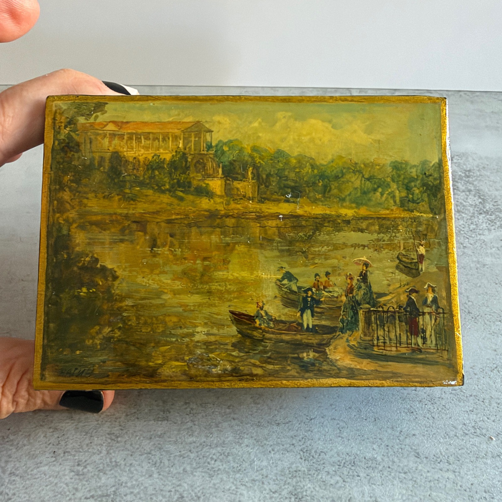 Vintage Russian Lacquer Box Hand Painted Landscape Scene Red Interior Trinket