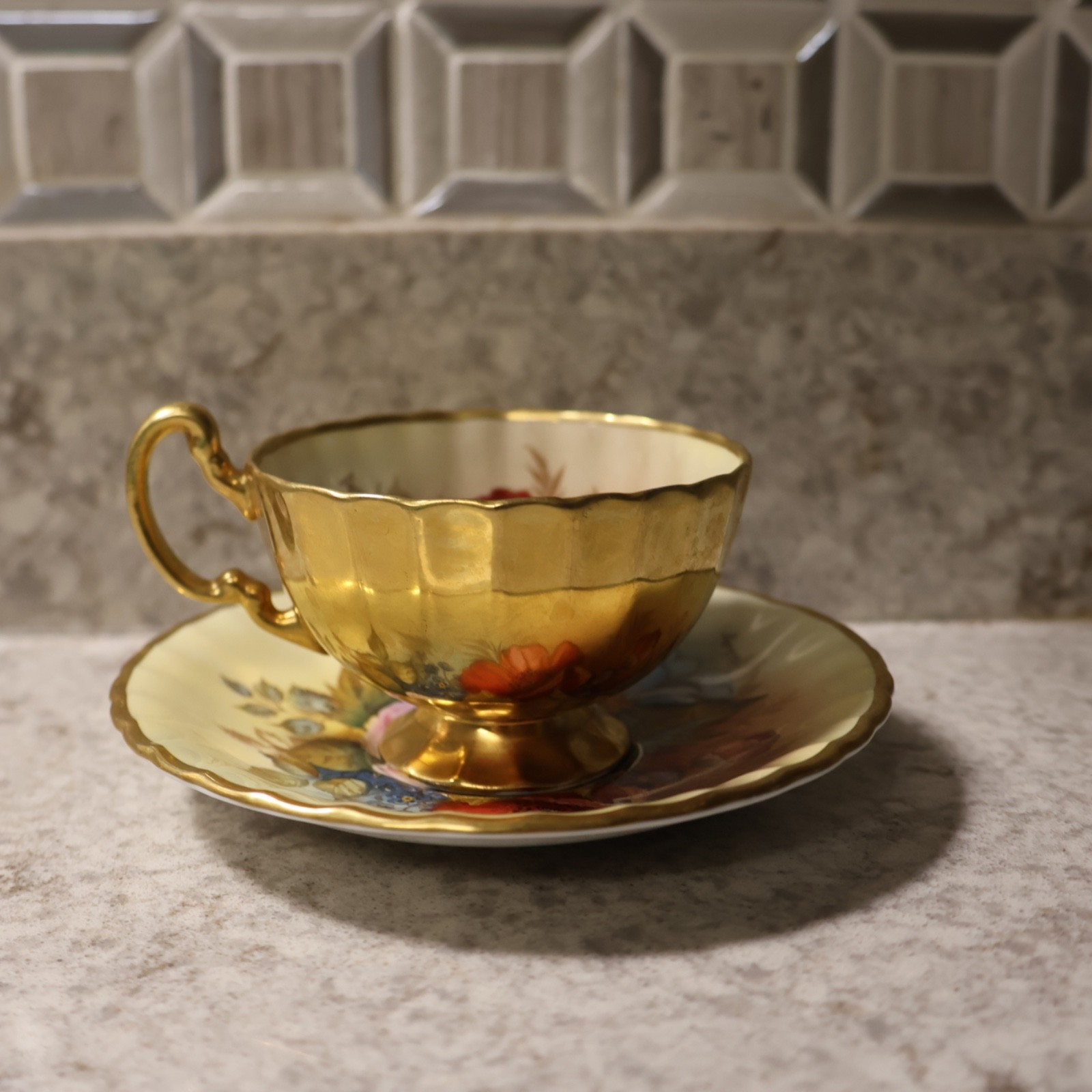 J A Bailey Aynsley England Fine Bone China Cabbage Rose Golden Tea Cup Saucer J A Bailey Aynsley England Fine Bone China Cabbage Rose Golden Tea Cup Saucer