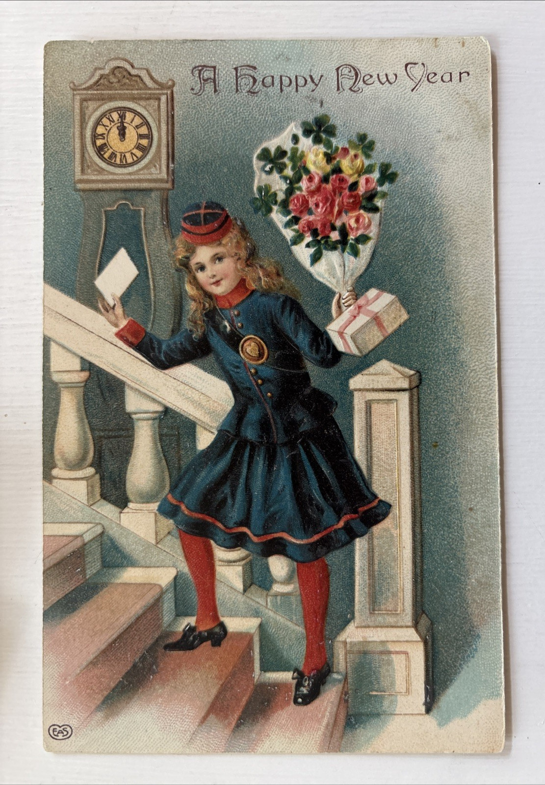 1910 A Happy New Year Delivery Girl With Flowers & Gifts Embossed Postcard 1910 A Happy New Year Delivery Girl With Flowers & Gifts Embossed Postcard