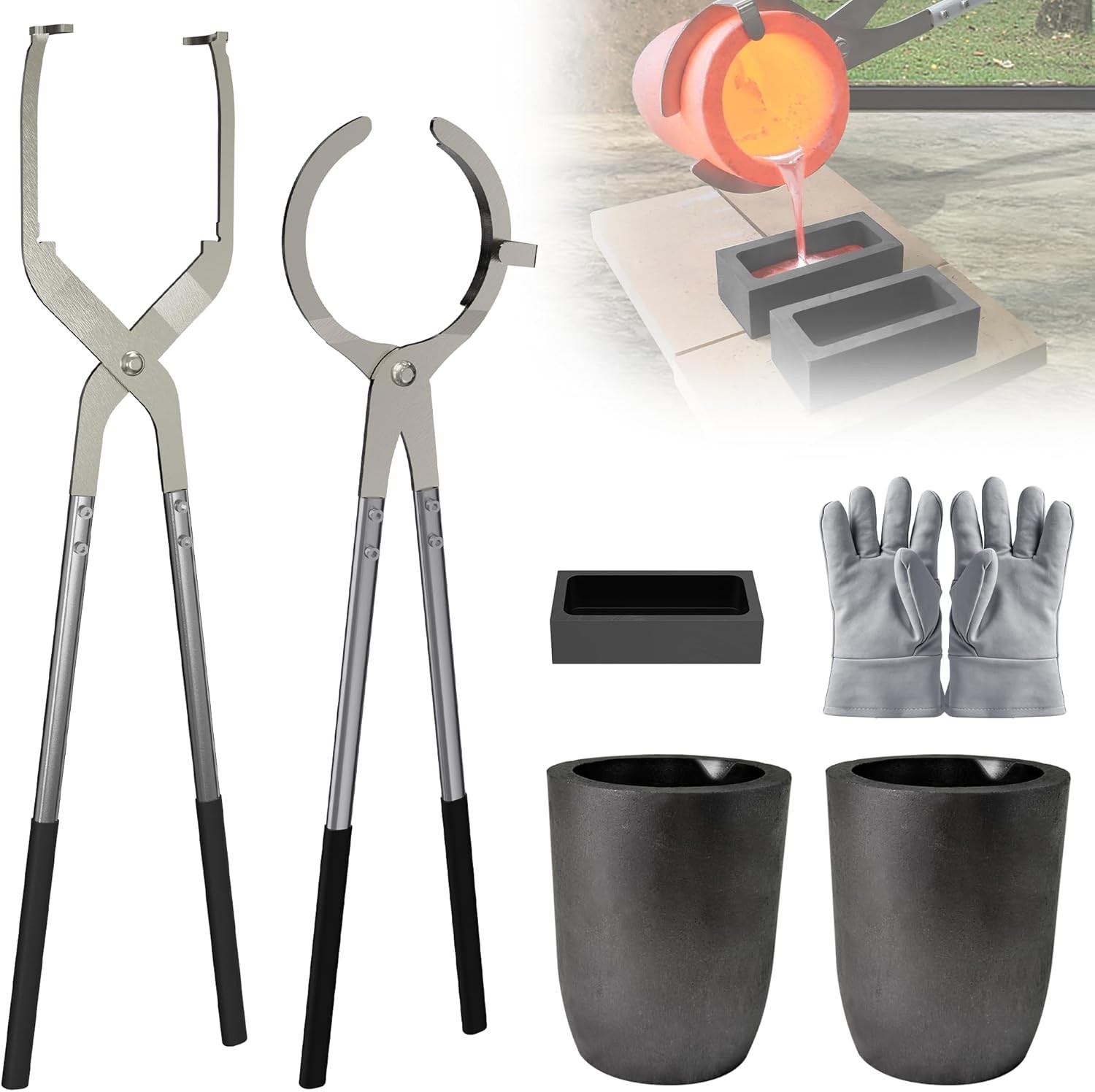 #6 (13.2Lbs-6Kg) Crucible Tongs Set Pro for Melting Metal Casting | Includes Lif #6 (13.2Lbs-6Kg) Crucible Tongs Set Pro for Melting Metal Casting | Includes Lif