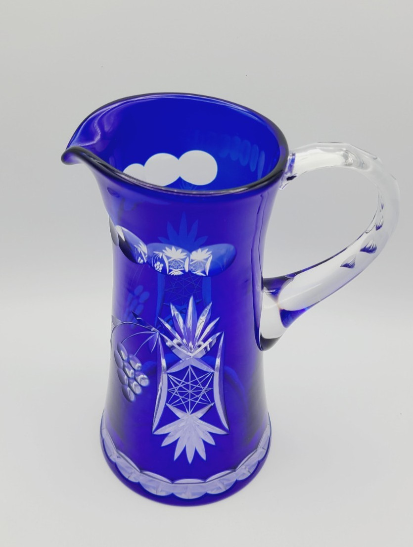 Vintage Cobalt Blue Cut to Clear Crystal Pitcher Vineyard Grape by Bayel, France