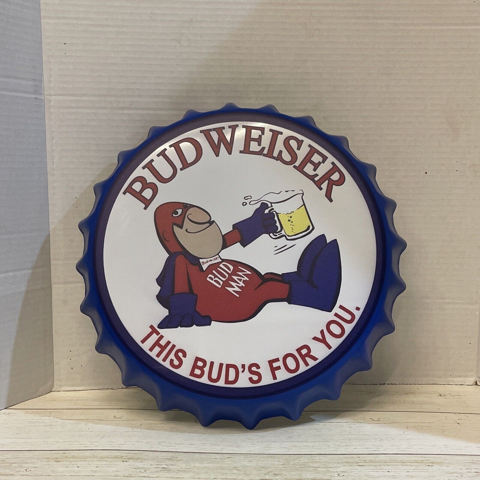 Budweiser Bud Man King of Beers Bottle Cap Metal  Sign Man cave Bar Decor