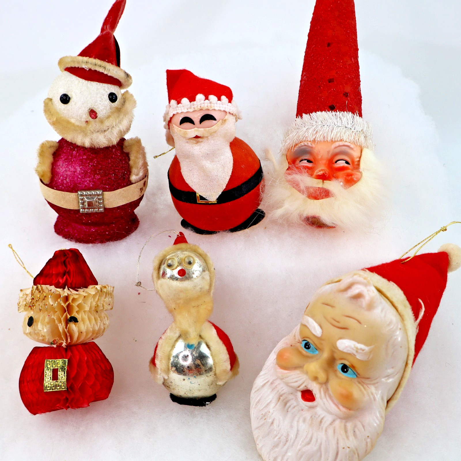 6 Vintage MCM Lot Ornaments Santa Rubber-Faced, Styrofoam, mercury glass 50s 60s