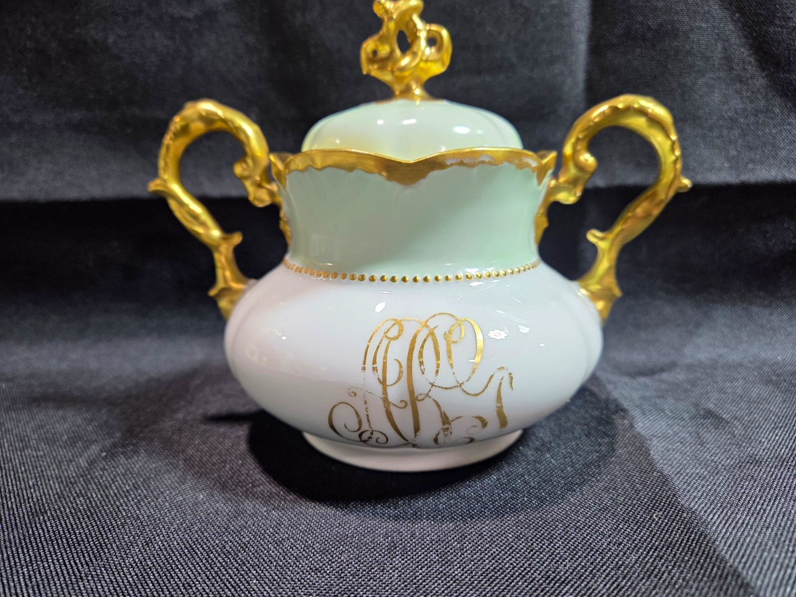 Antique 1920s Striegau Germany Porcelain Lidded Sugar Bowl Celery Mint GreenGold
