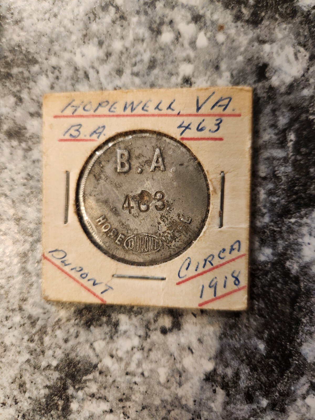 DuPont Vintage 1918 Hopewell VA B.A. Patent Coin