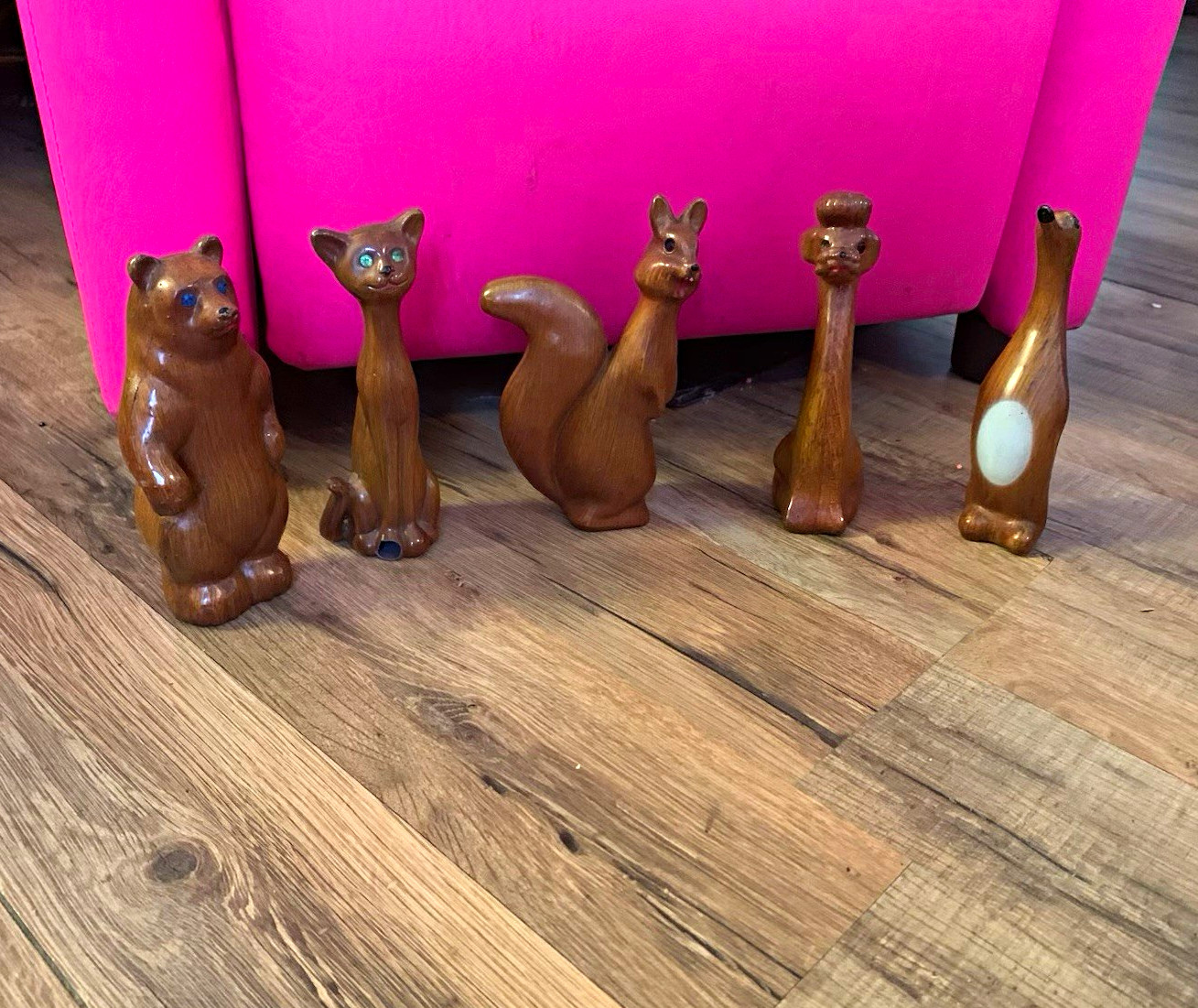 Vintage MCM Faux Wood Plastic Animal Figurine Lot of 5 Rhinestone Eyes Hong Kong