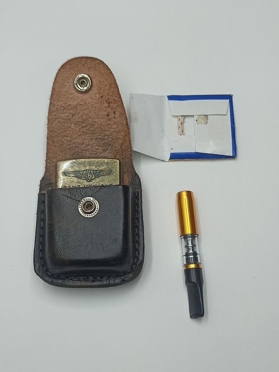 Vintage Brass Fluid Lighter Case Pouch Combo Set - Collectible