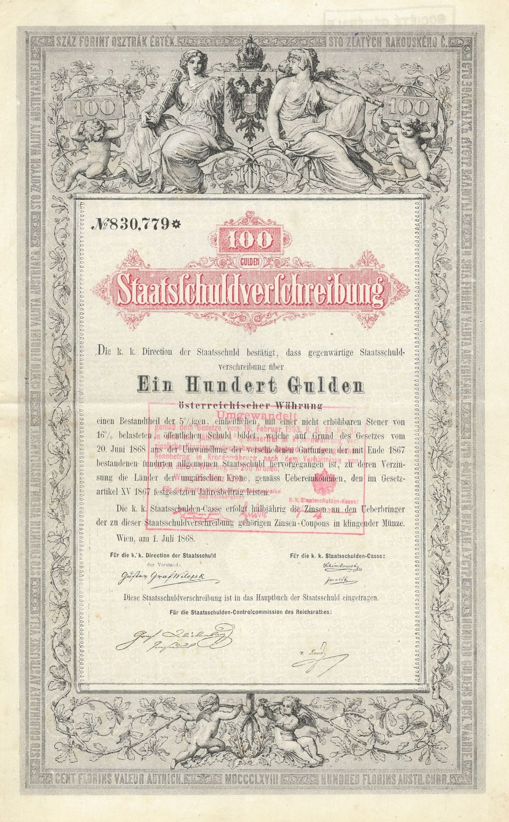 Austrian Bond - 1868 dated 100 and 1000 Gulden Bonds - Foreign Bonds Austrian Bond - 1868 dated 100 and 1000 Gulden Bonds - Foreign Bonds