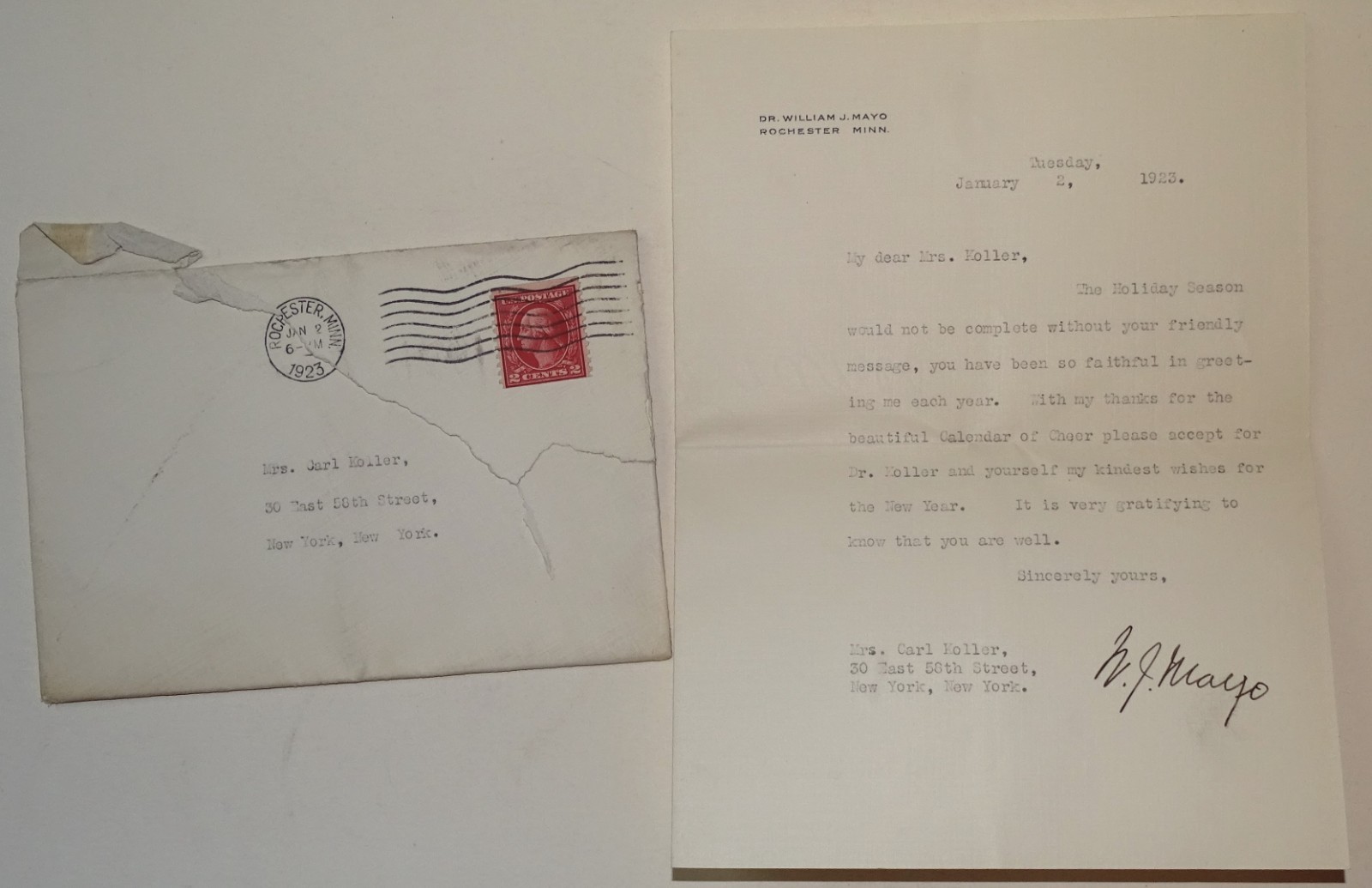 Dr William J Mayo Clinic TLS Signed Letter 1923 To Dr Carl Koller, Anesthesia Dr William J Mayo Clinic TLS Signed Letter 1923 To Dr Carl Koller, Anesthesia