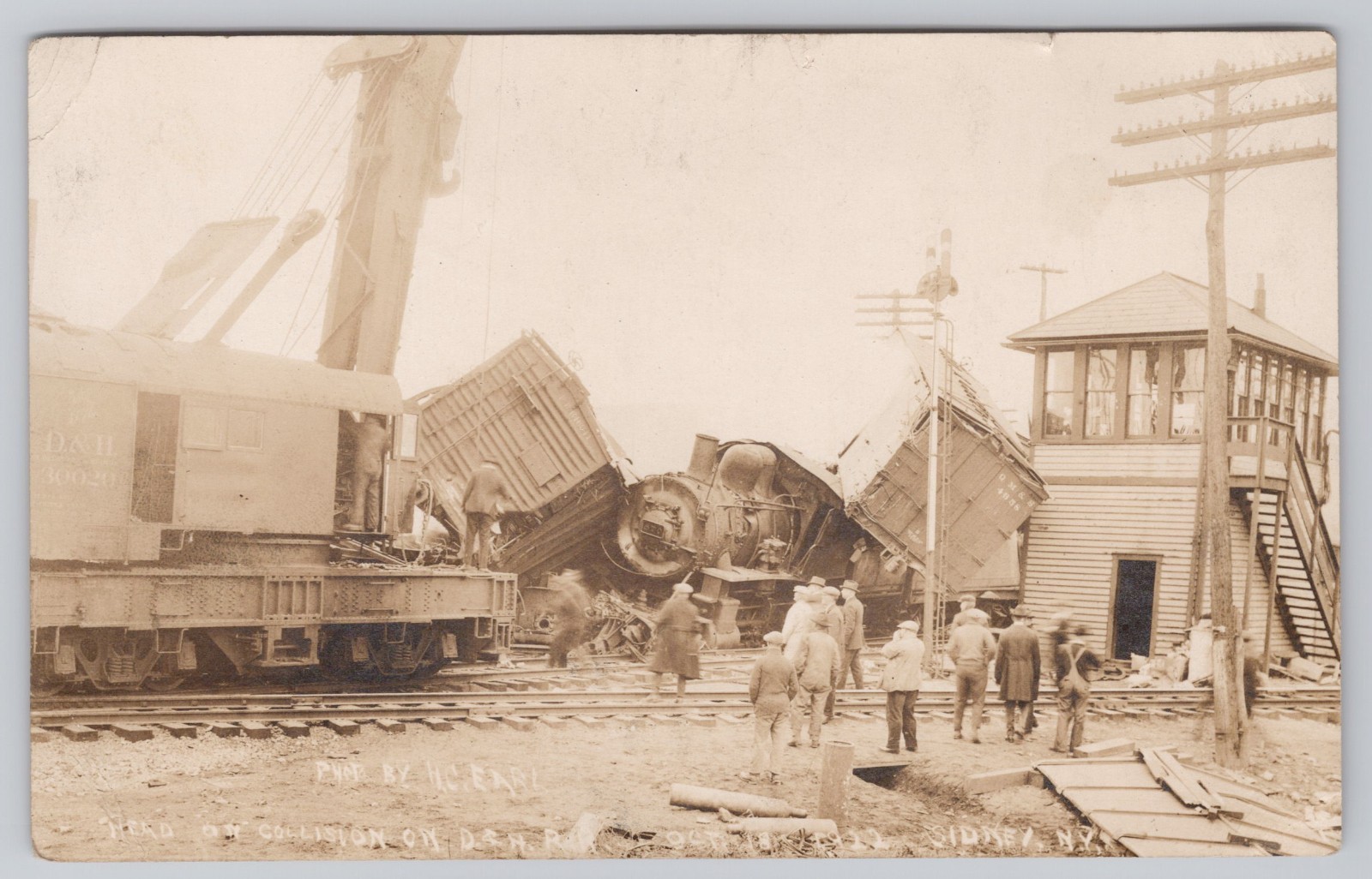 RPPC Sidney New York D&H Railroad Head On Collision Train Wreck Crane Real Photo