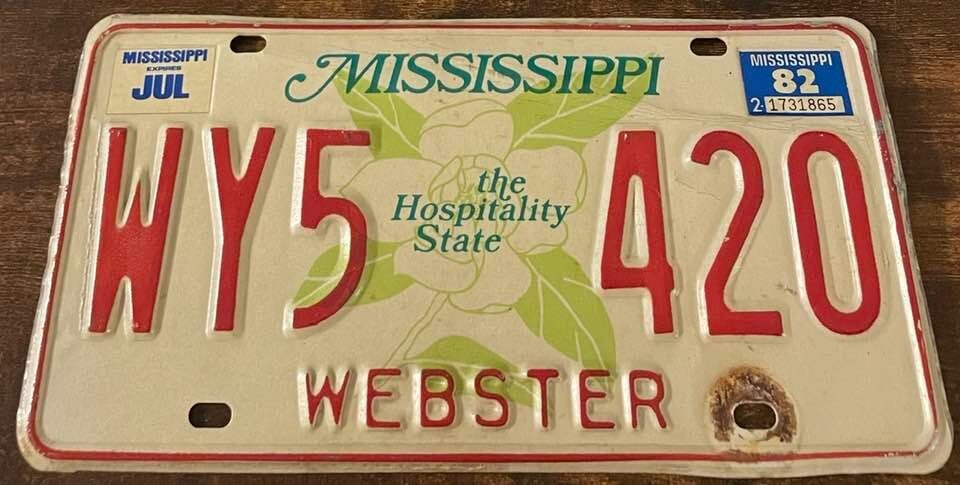 1982 Mississippi License Plate WY5 420 Cannabis Reefer Weed Smoke Webster County