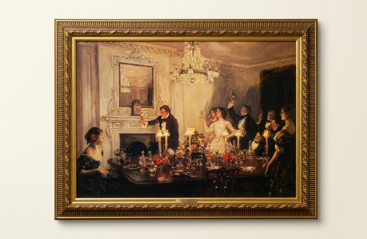 Large Framed Interior Gathering Scene Artwork with Gold-Tone Frame Large Framed Interior Gathering Scene Artwork with Gold-Tone Frame