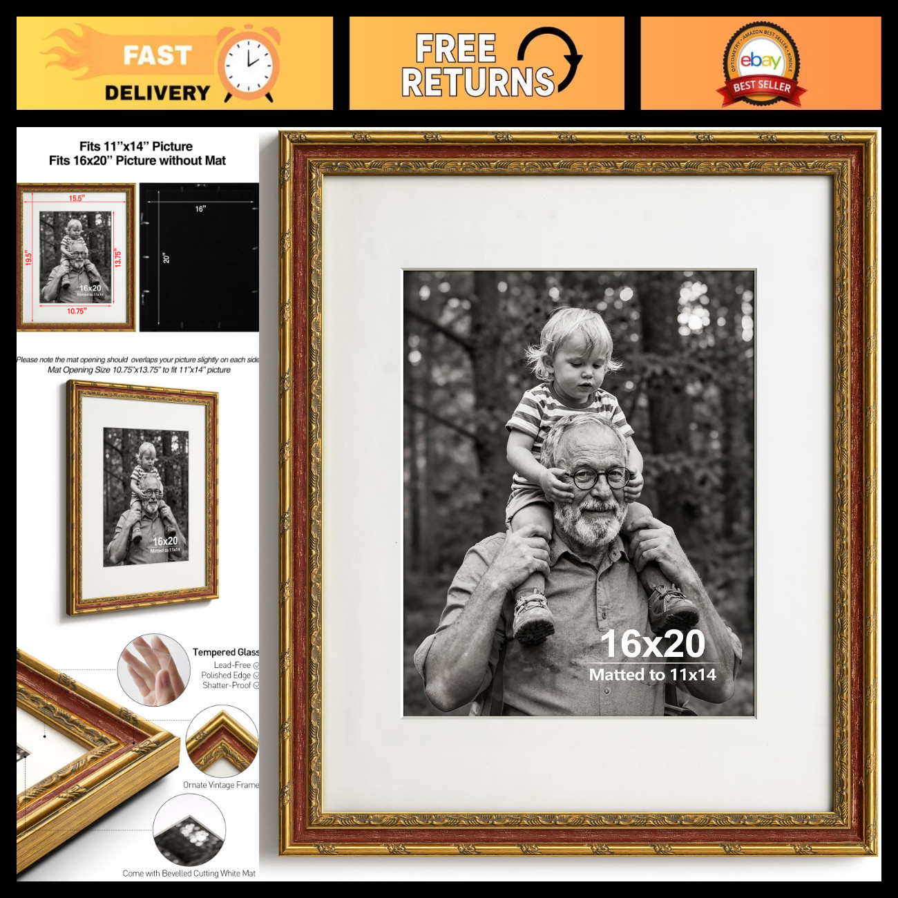 Ornate Vintage Gold & Red 16x20 Picture Frame for Home Decor, Single Display Ornate Vintage Gold & Red 16x20 Picture Frame for Home Decor, Single Display