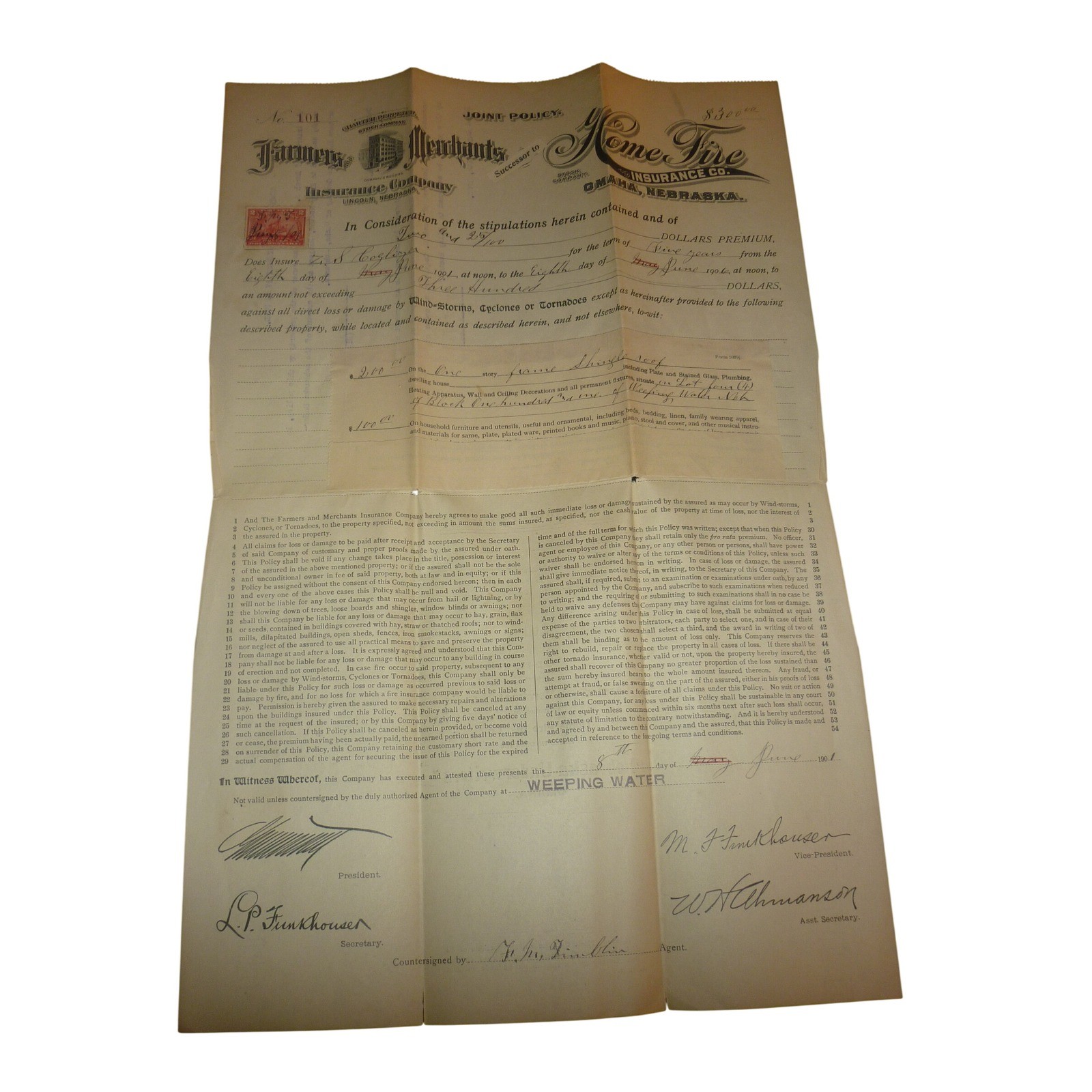 1901 Weeping Water Nebraska Tornado Insurance Policy Antique Windstorm Ephemera